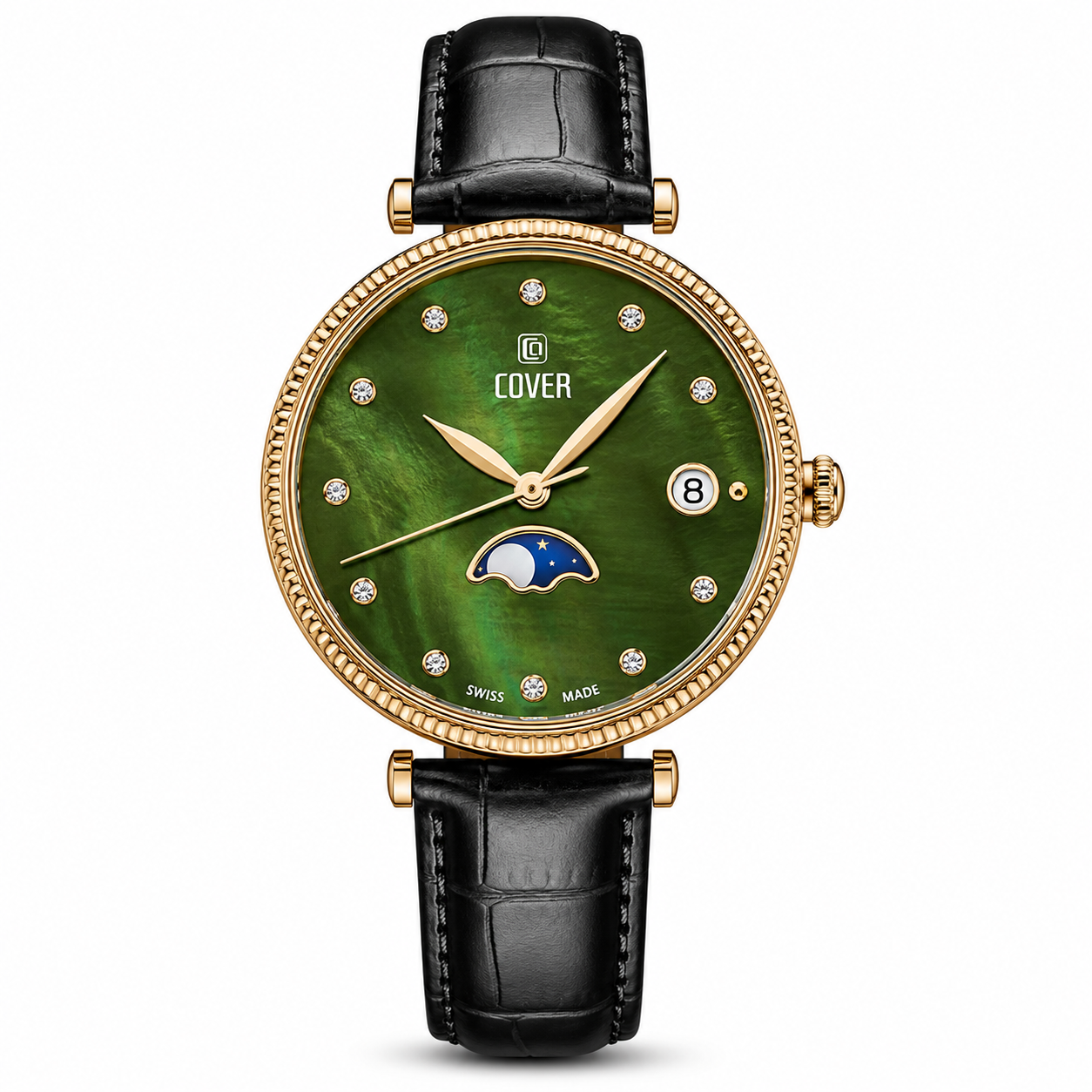 COVER Fly Me To The Moon Ladies Moon Phase Green Dial Black Leather Strap Dress Watch CO196.06