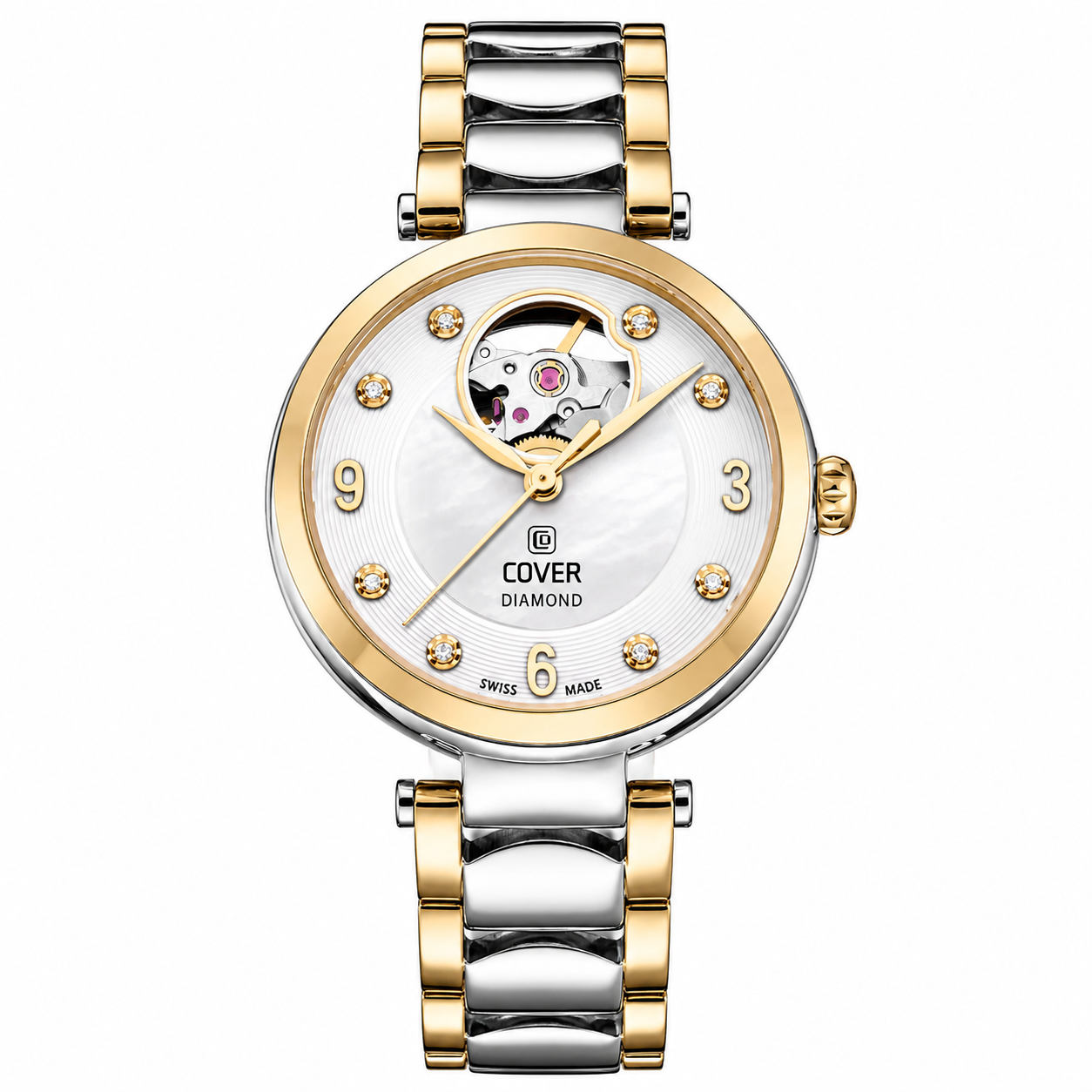 COVER Lady Diamond Open Heart Automatic Watch White Pearl, Bicolor