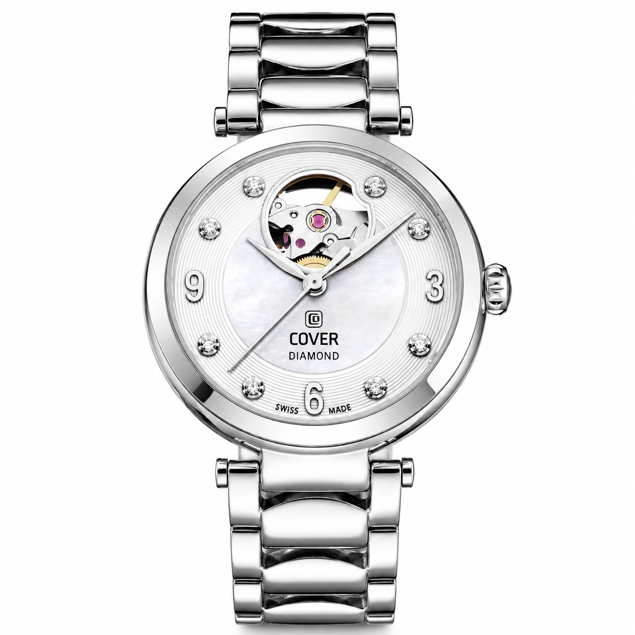 COVER Lady Diamond Open Heart Automatic Watch White Pearl, Silver