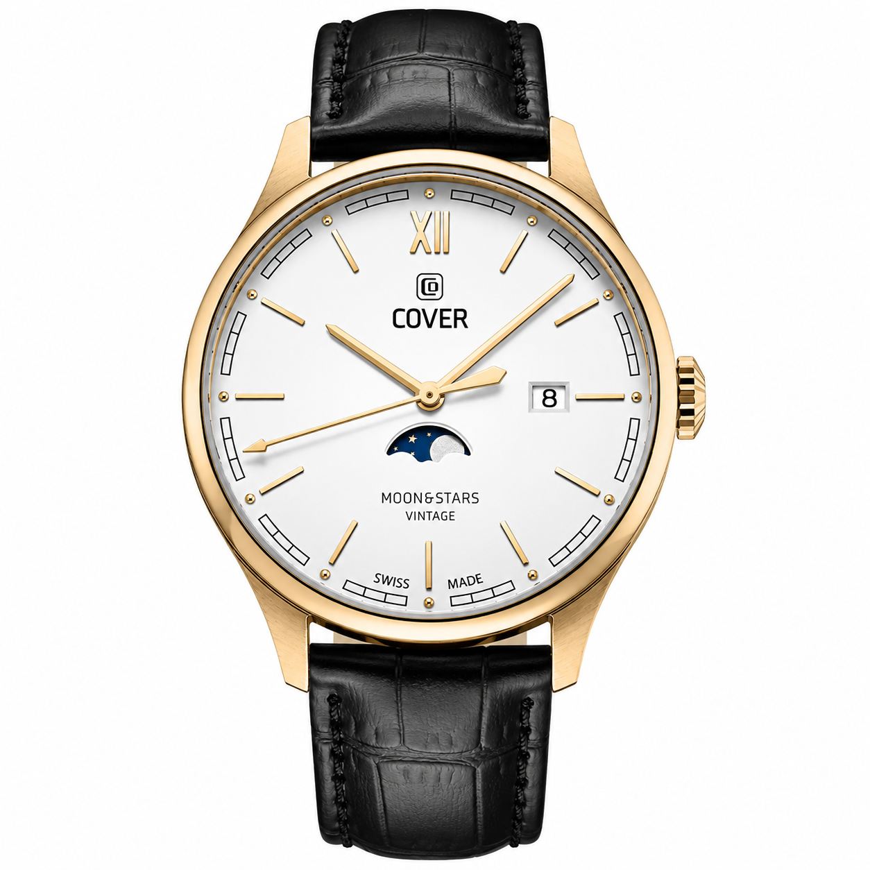 COVER Chapman Moon&Stars White, Leather Black, Gold Watch
